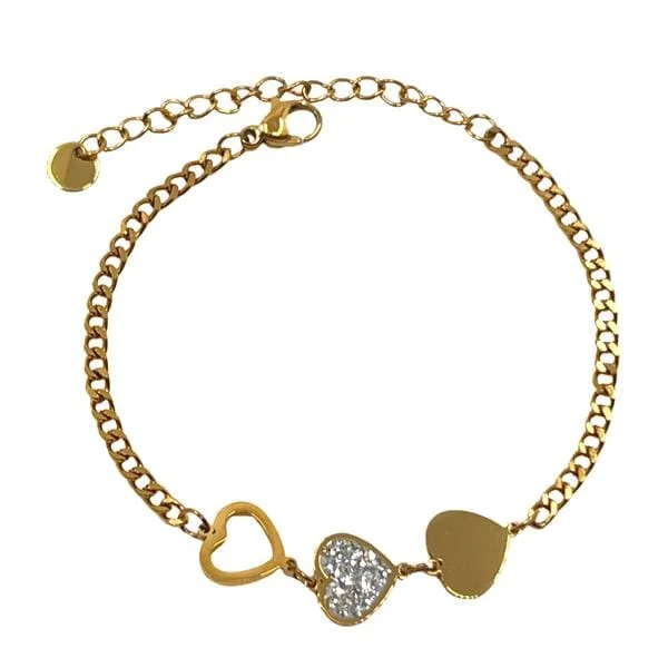 Stainless Steel: Curb Chain with Hearts & CZ; Rhodium or Gold Plated  (B_SS4605)