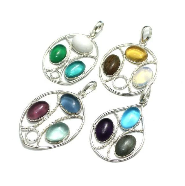 4 Pcs Stone Pendants Combo Silver 1.5 inch