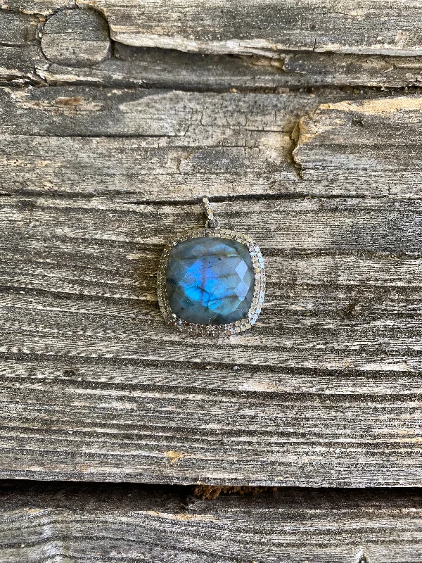 Double Pave Diamond Row Labradorite Pendant