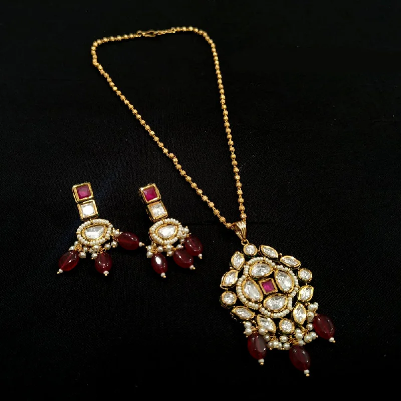 JewelTreeTz Gold Plated Uncut Polki Kundan Pendant Set