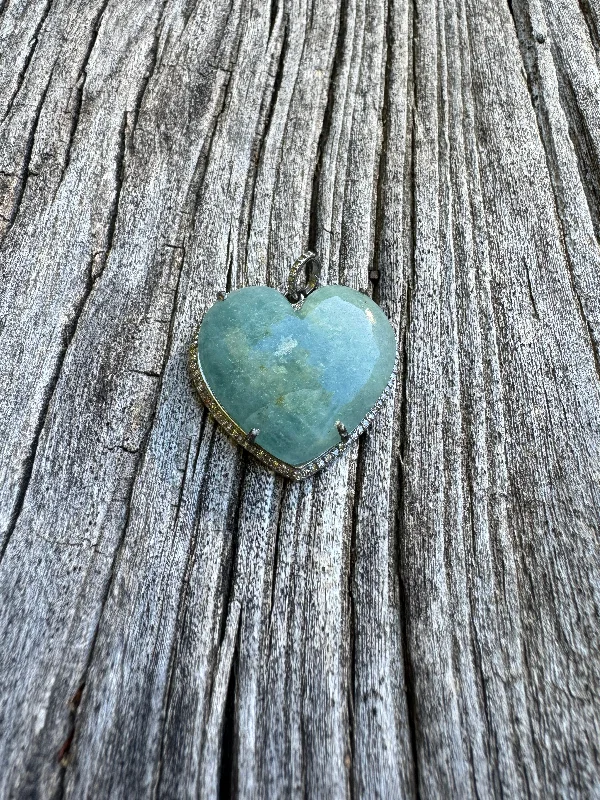 Puffy Aquamarine Heart with Pave Diamond Border Pendant