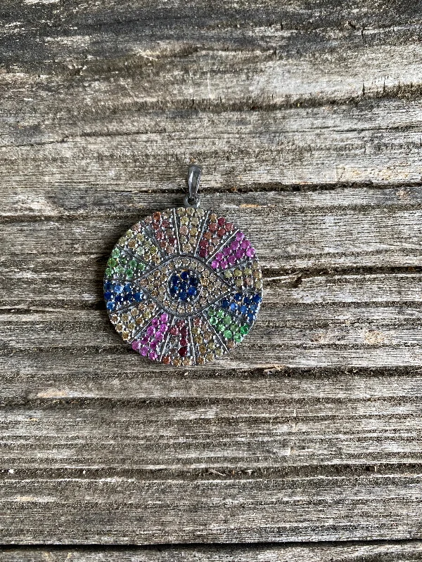 Sterling Silver Multi Sapphire Evil Eye Disc Pendant