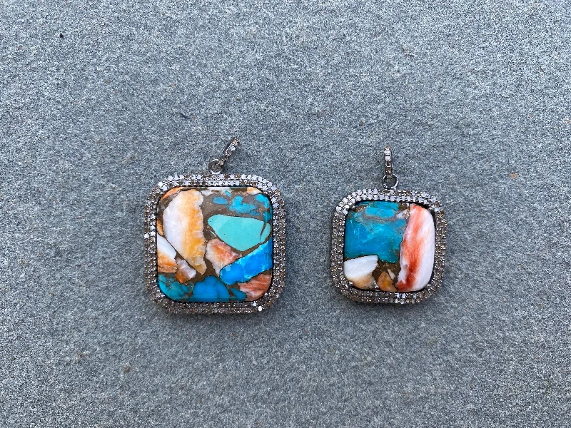 Turquoise Square with Pave Diamond Border Pendants