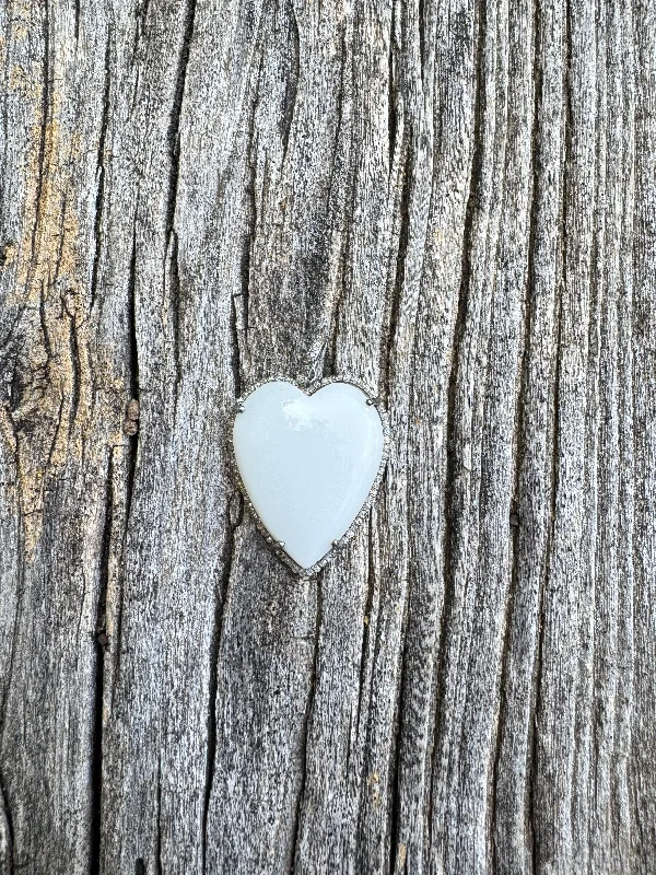 White Agate Teardrop Heart with Pave Diamond Border Pendant